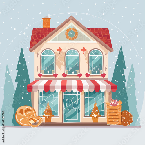 A charming bakery illustration featuring festive winter pastries and a cozy shopfront under falling snow.