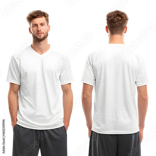 Plain white soccer jersey mockup and  front and back view shown on model and  clean fabric texture and neutral lighting and  isolated white background Batch  realistic clean bright simple modern stock