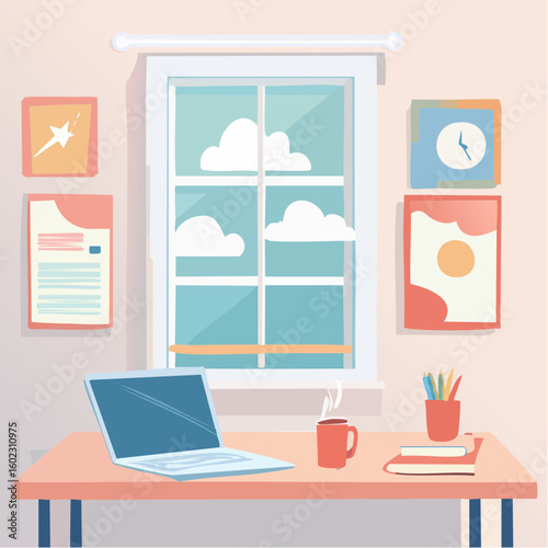 A cozy home office setup with a laptop and coffee mug on a desk in front of a window showing a cloudy sky.