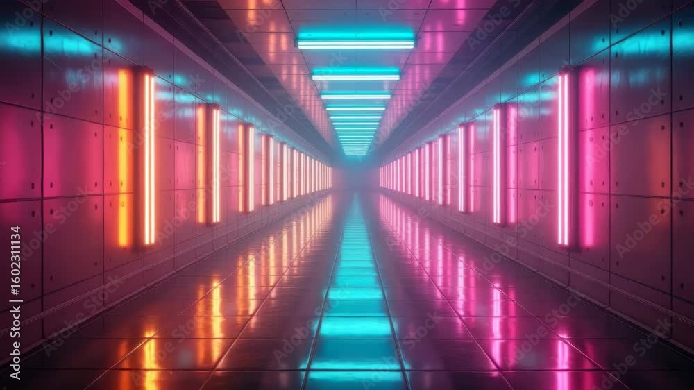 Neon lights corridor futuristic architecture glowing tunnel space background wallpaper design art