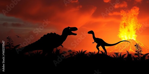 Fototapeta Naklejka Na Ścianę i Meble -  Silhouetted dinosaurs against a volcanic Jurassic landscape with erupting volcano, smoke, and ferns,  paleontology,  silhouette