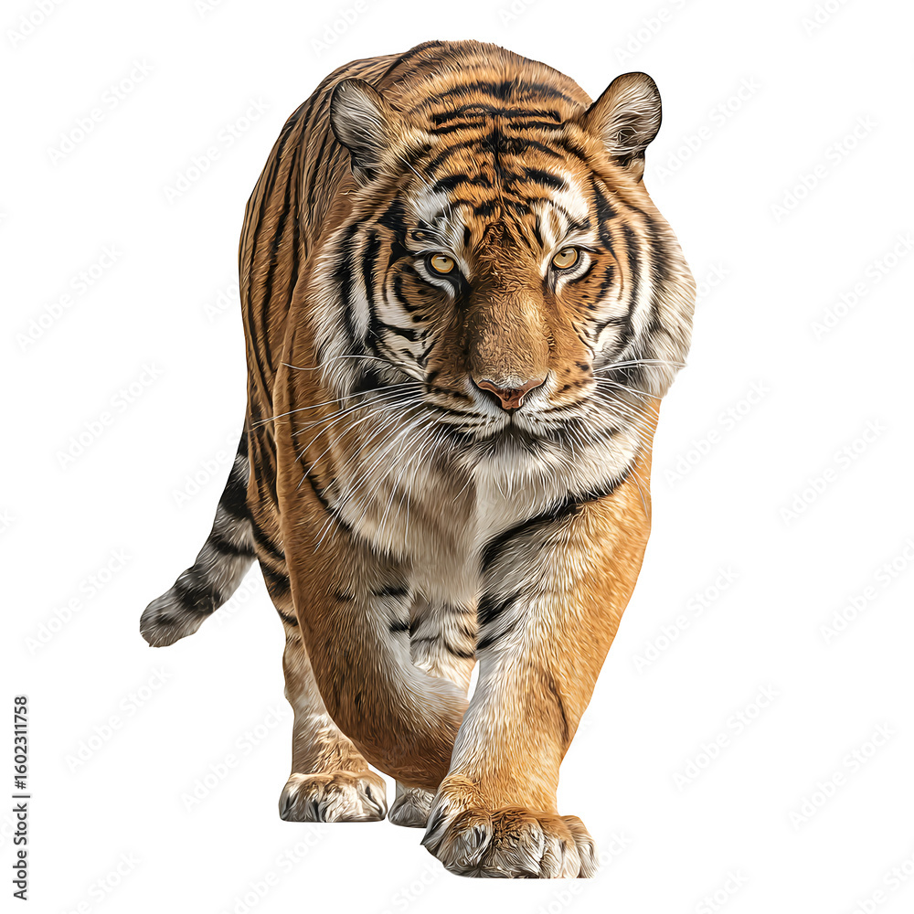 Obraz premium Powerful tiger in low stalking posture and intense realism and jungle predator energy and isolated white background Batch realistic clean bright simple modern stock image isolated on plain backgrou