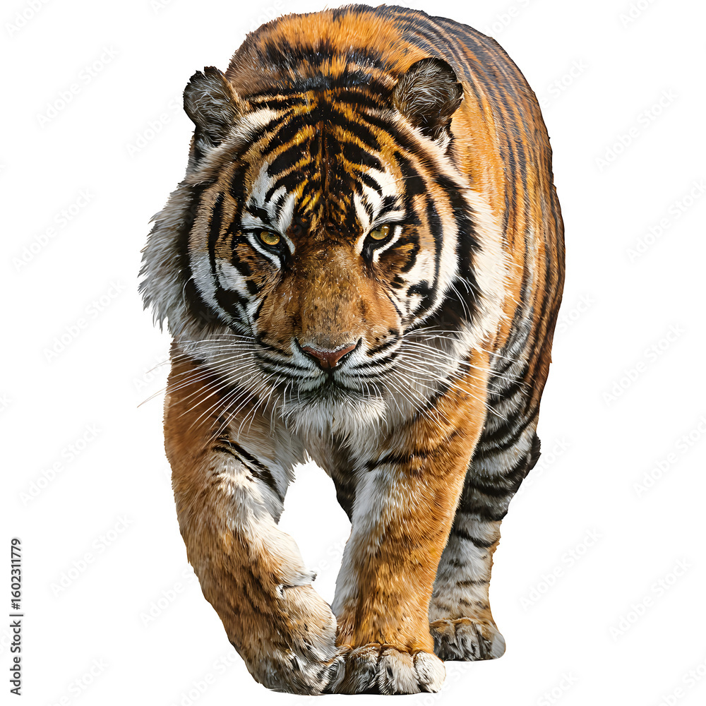 Fototapeta premium Powerful tiger in low stalking posture and intense realism and jungle predator energy and isolated white background Batch realistic clean bright simple modern stock image isolated on plain backgrou