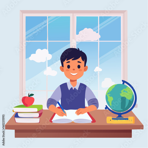 A young boy happily studies at a desk with books, a globe, and a pencil, bathed in natural light from a large window.