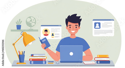 A smiling student working on a laptop at a home study desk, surrounded by books and other learning materials.