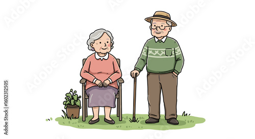 Elderly couple smiling while relaxing outdoors in garden setting  