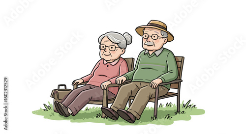 Fit elderly couple relaxing outdoors in hand-drawn flat vector-style illustration  