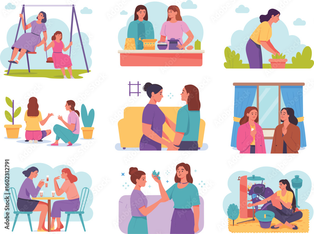 Obraz premium Women enjoying daily life activities, relaxing, cooking, gardening, chatting, and bonding in cozy indoor and outdoor settings, lifestyle illustration