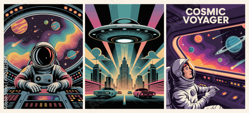 Flat vector illustration set of retro space posters in mid-century modern style featuring an astronaut in a spaceship, UFO, cityscape, and starry universe in bold vintage colors.