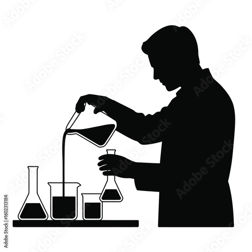 Scientist silhouette pouring liquid in laboratory glassware isolated on white background