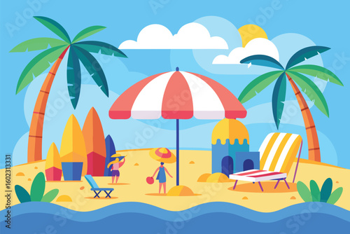 Colorful Tropical Beach with Umbrella, Palms, and Surfboards Illustration