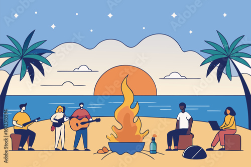 A sunset beach gathering where a group plays guitar around a calming campfire—set among palm trees and tranquil waters, celebrating nature, music, and relaxed outdoor leisure.