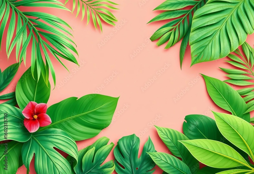 Naklejka premium Vibrant green palm & monstera leaves paper cut style summer banner, banner, texture