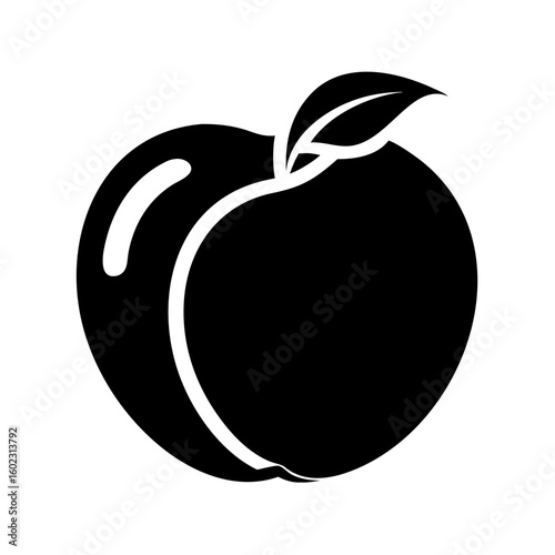 Abstract Monochrome Illustration of a Peach with Leaf and Stem Detail icon vector