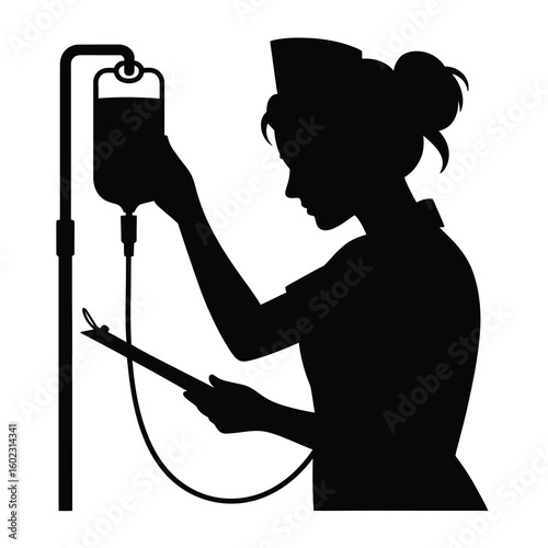 Nurse administering iv drip silhouette isolated on white background