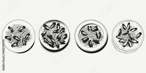 pasta with mussels sketch illustration vector