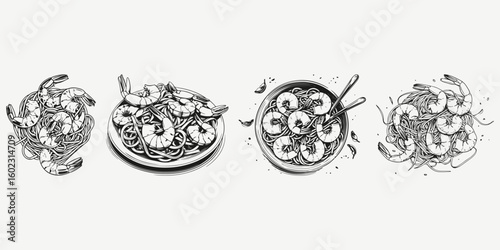 pasta with shrimps sketch illustration vector set