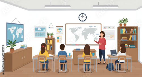 Elementary school classroom scene, teacher presenting to attentive students.