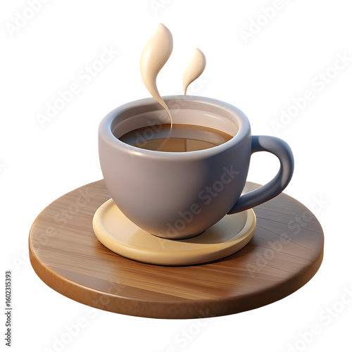 Stylized Hot Coffee Cup with Steam on Wooden Coaster Illustration