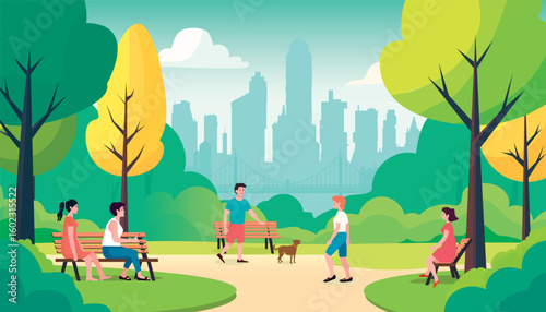 A vibrant flat vector illustration depicting a diverse and happy group of people walking in a modern city park. Perfect for environmental campaigns, sustainable development presentations, social media