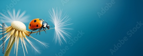 Ladybug on dandelion seed with blue background and copy space for nature-themed design or promotional banner template.