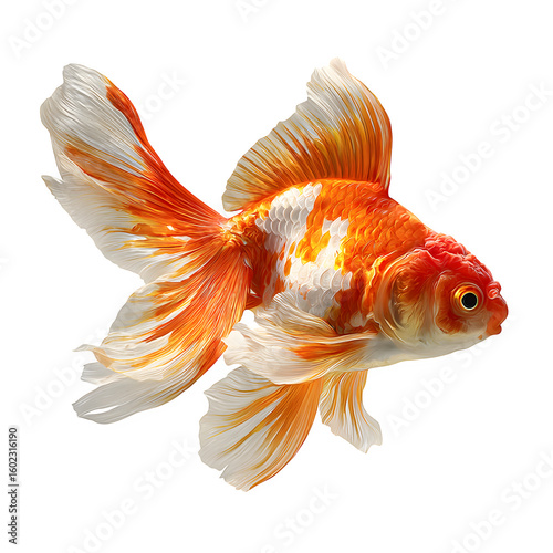 Realistic Shubunkin goldfish swimming in place and  elegant fin movement and  clear detailing and  isolated white background Batch  realistic clean bright simple modern stock image isolated on plain b