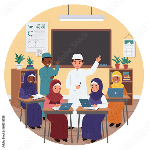 A male teacher instructs a diverse group of Muslim students using laptops and traditional methods in a classroom.