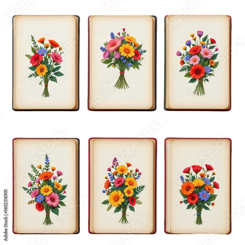 Vintage Floral Illustrations of Beautiful Colorful Flower Bouquets