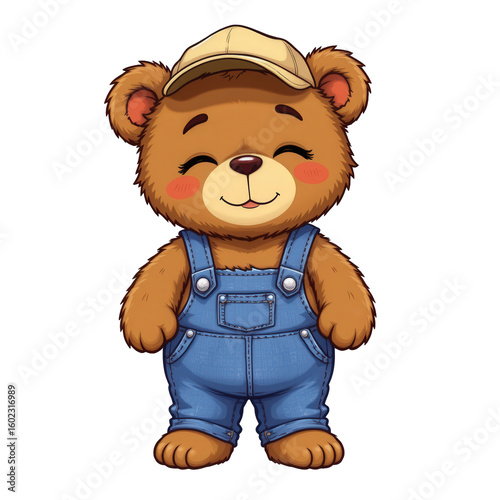 Cute Cartoon Bear Wearing Hat and Overalls with Friendly Smile