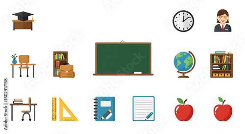 Collection of school-related icons, including a chalkboard, desk, globe, books, apples, and clock, arranged on a white background.