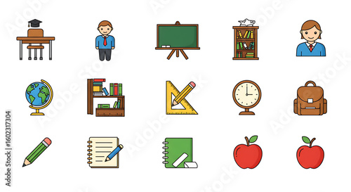 Collection of colorful, simple icons representing various school and education-related items.