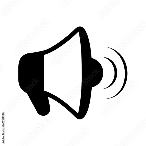 Black and white megaphone illustration broadcasting sound waves on plain background icon vector