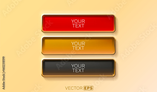 Golden frame label, set color, event bar button, gold signboard. Vector illustration