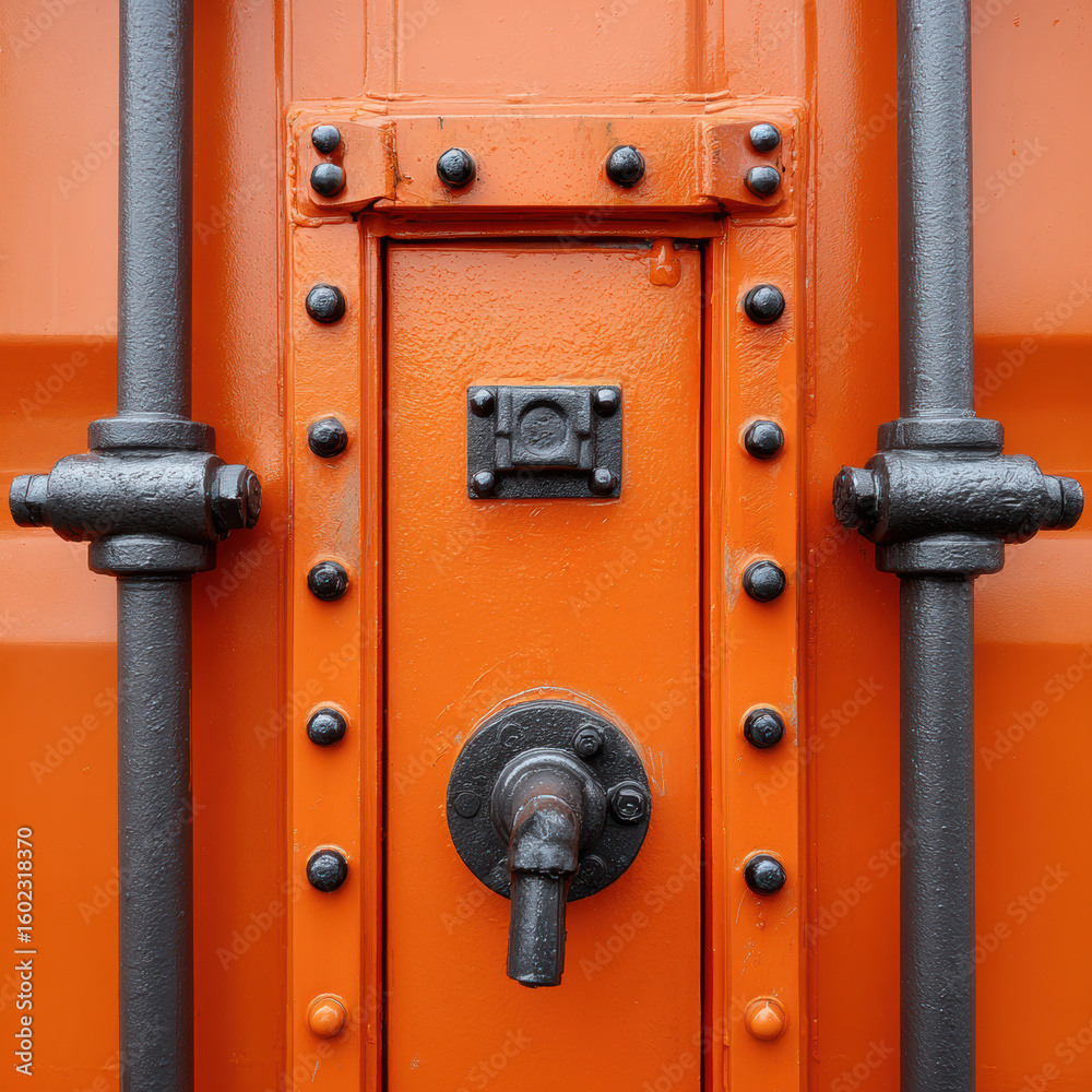 Obraz premium Orange industrial door with black metal pipes and bolts, showcasing rugged and sturdy design