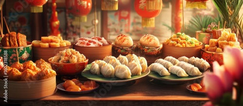 Assorted Asian street food displayed on a wooden table