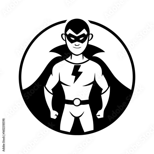 Illustrative Superhero Character with Lightning Bolt Emblem in a Graphic Circle icon vector