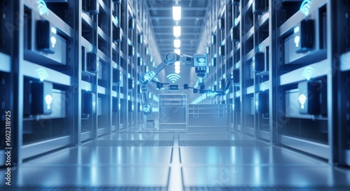 Wallpaper Mural Hightech storage facility illuminated with LED lighting and connected IoT devices. Torontodigital.ca