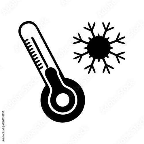 Black and white graphic illustration of a thermometer and snowflake icon icon vector