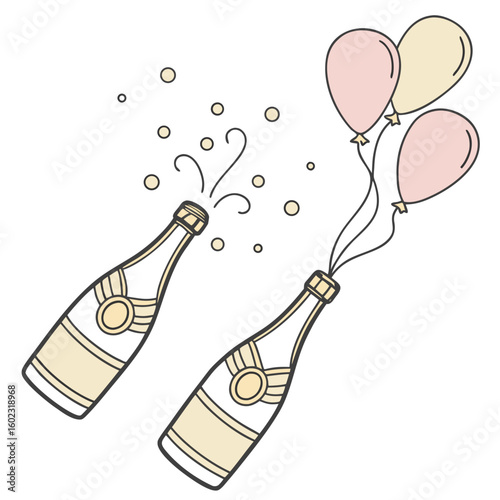 Two champagne bottles popping with celebratory bubbles and balloons symbolizing joy and festive occasions with a lighthearted hand drawn style