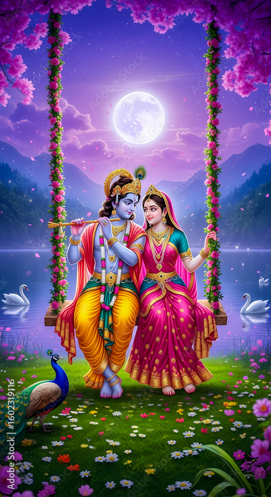 Obraz premium Radha Krishna Swing Under Moonlight – Divine Hindu Art with Peacock, Swan, and Scenic Nature – Spiritual Indian Poster for Wall, Print, or Digital Use