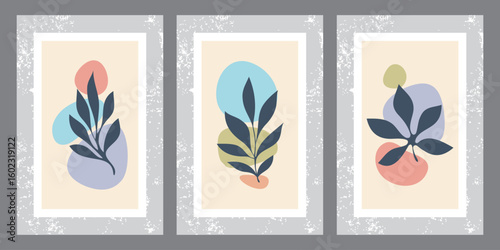 Collection of contemporary art posters in pastel colors. Abstract paper cut geometric elements and strokes, leaves and dots. Great design for social media, postcards, print.