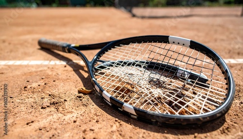 Tennis racket on clay court