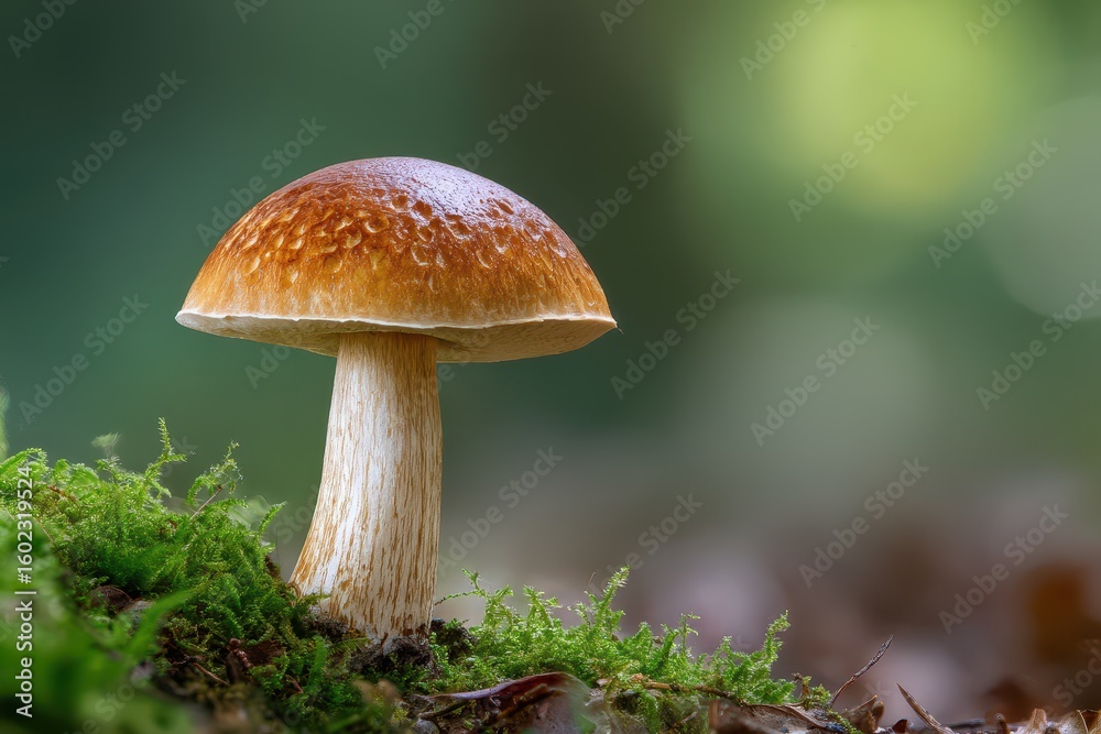 Fototapeta premium Close up of the young Aureoboletus projectellus mushroom discovered in a Polish forest
