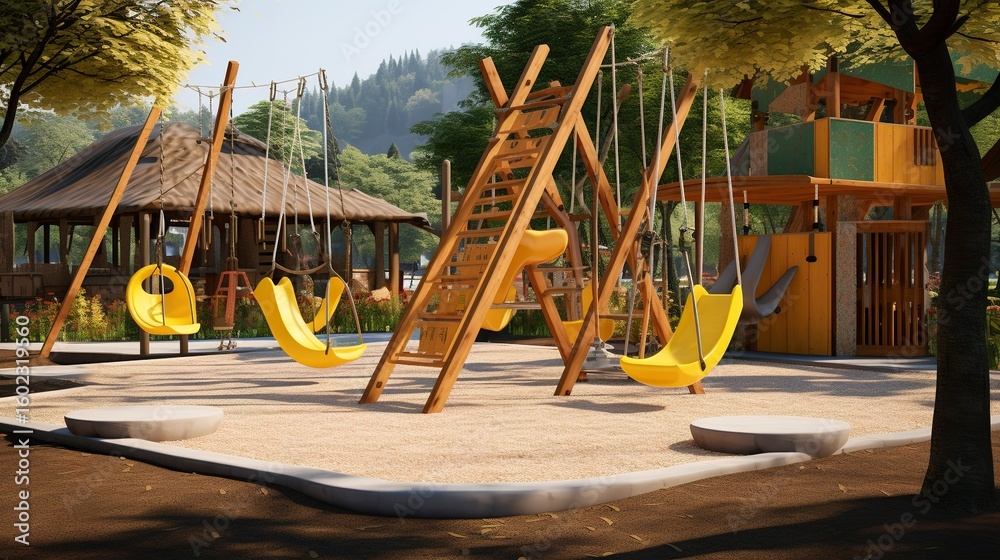 Fototapeta premium A photo of a daycare outdoor play area with swings