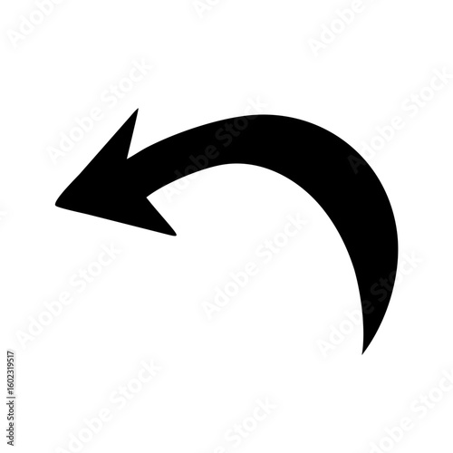 Curved Arrow Pointing Left Suggesting Return or Reversal in Black Silhouette icon vector