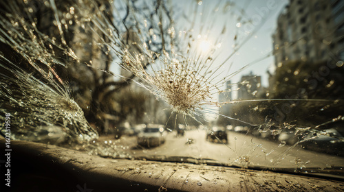 Cracked car windshield reveals urban landscape through fractured glass on a sunny day
