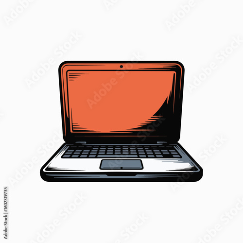 Stylized graphic illustration of an open laptop computer with orange screen and black casing