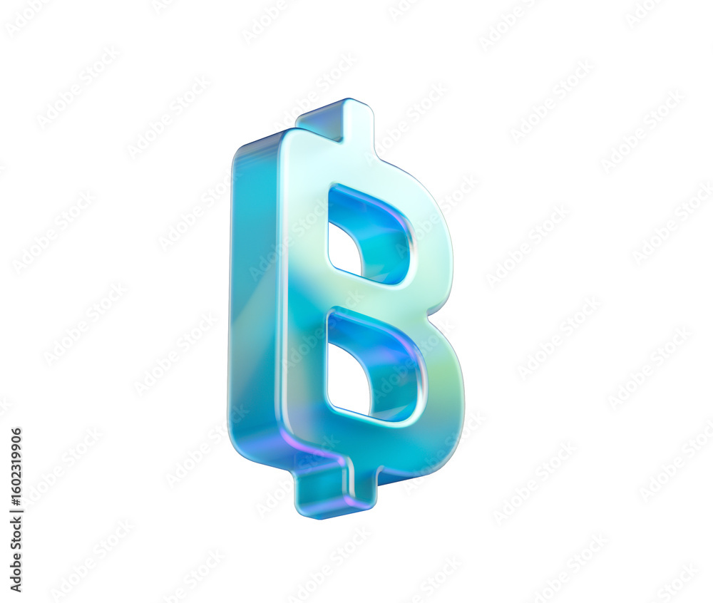 Fototapeta premium Glossy translucent Thai Baht symbol in cool blue tones with soft glow and depth, 3D Illustration