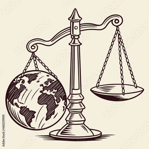 Scales of justice balanced on a globe stylized ink art bold visual statement for equality scales of justice and money
