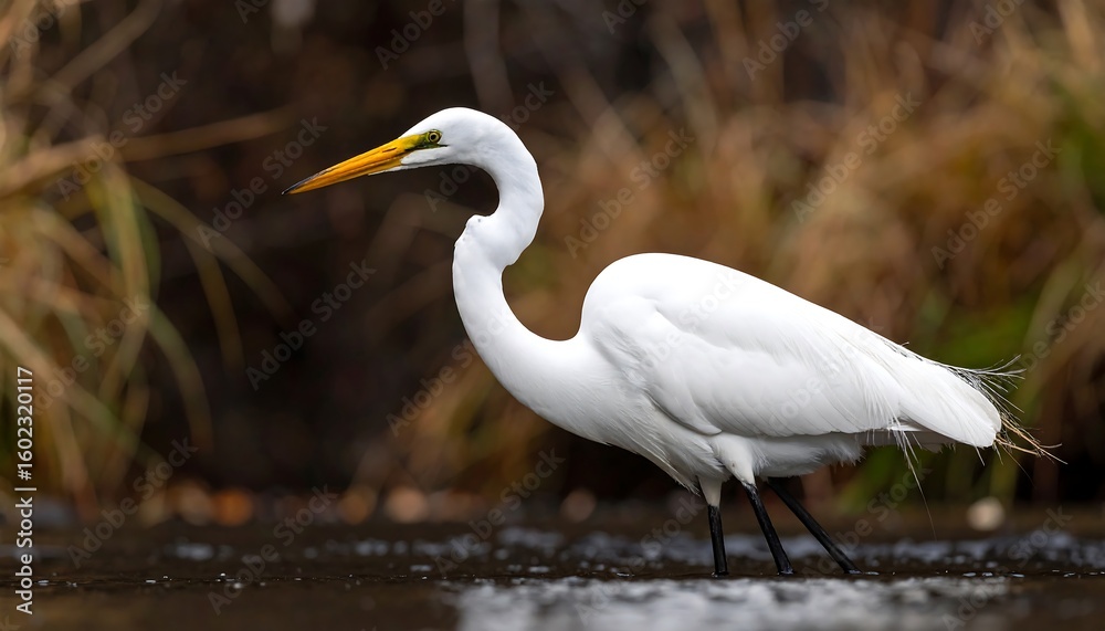 Obraz premium Elegant great egret wading through shallow water with blurred natural background
